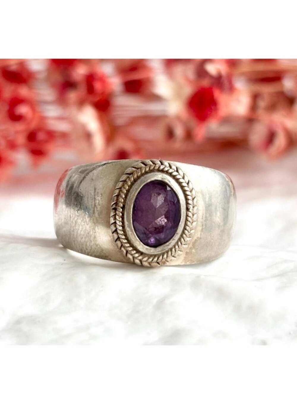 Solitaire Amethyst Gemstone Rope Framed Sterling Silver 925 Vintage Ring sz 7.5